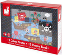 Cutia setului Janod cu 12 cuburi puzzle Pirați