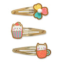 Set 3 agrafe de păr Yoko, cu floare, cupcake-pisică și ceașcă-pisică
