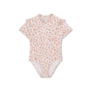 Costum de baie UV Beige Leopard cu mâneci scurte, vedere frontală