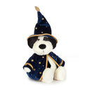 Rufferty Puppy Wizard alb și negru, cu pălărie și pelerină albastre cu stele