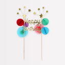 Topper colorat Happy Birthday cu stele și rozete din hârtie