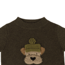 Pulover din lână merino Denn Terrier, Dark Olive – detaliu decolteu și broderie