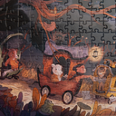 Detaliu din puzzle-ul Valea misterioasă, cu vehiculul și personajele printre stânci