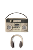 Coșul Boom Box și căștile textile, văzute din față