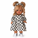 Păpușă Minikane blondă cu rochie și bentiță florală alb-negru